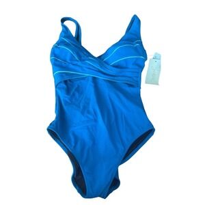 Vintage Gottex Swimsuit Tank One Piece High‎ Hi Cut Vneck Blue Unworn 8